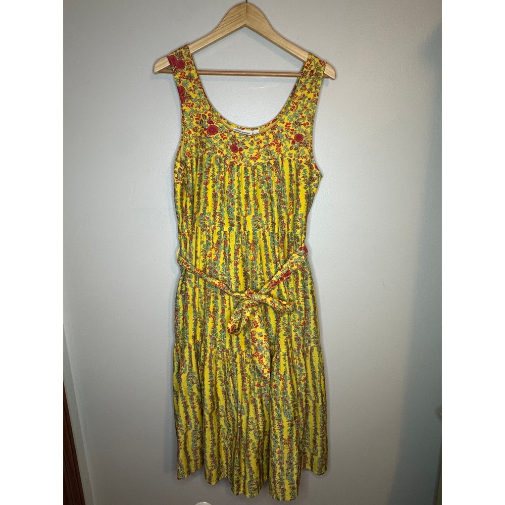 Roller Rabbit Yellow Floral Stripe Cotton‎ Silk Tiered Midi Dress Womens Size M